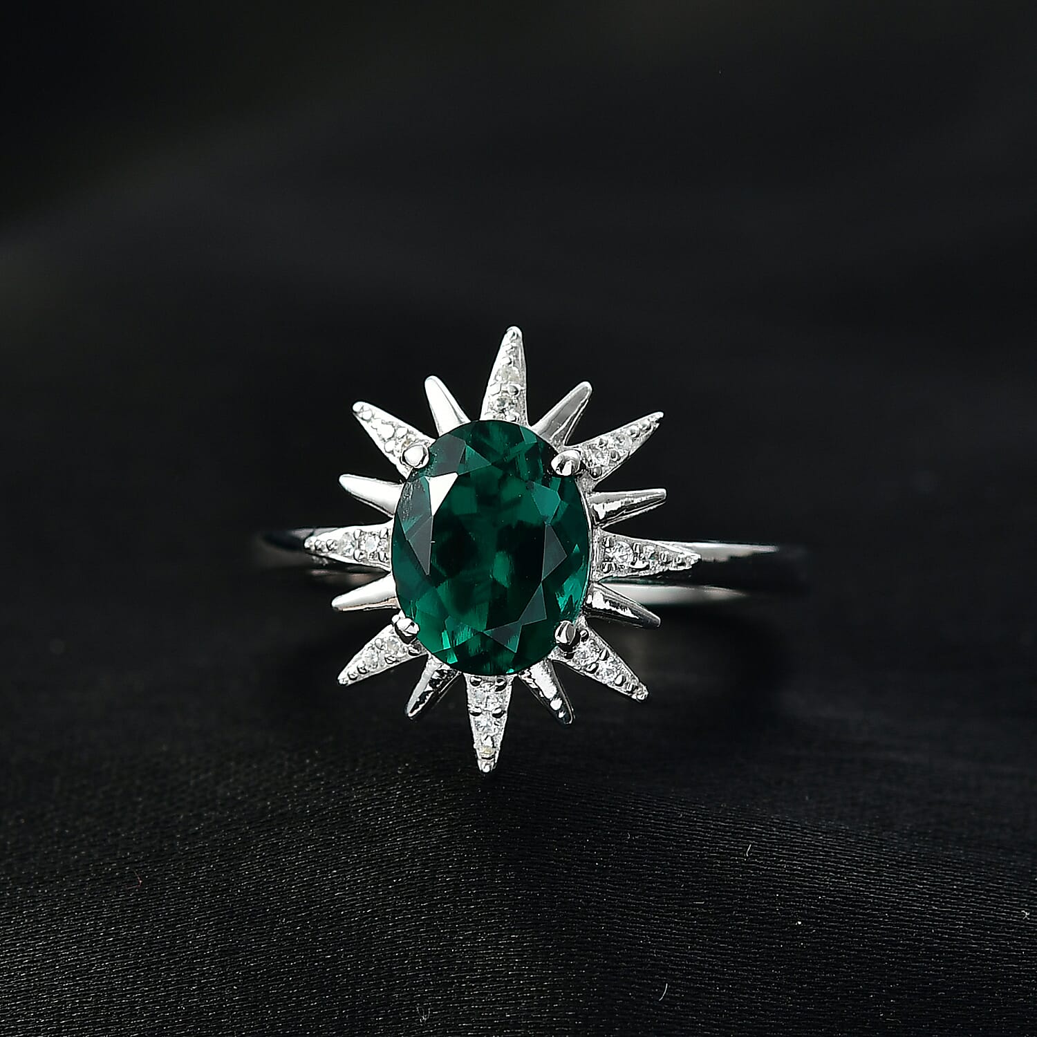 Lab Grown Emerald & White Zircon Ring in Rhodium Overlay Sterling Silver 1.75 Ct.